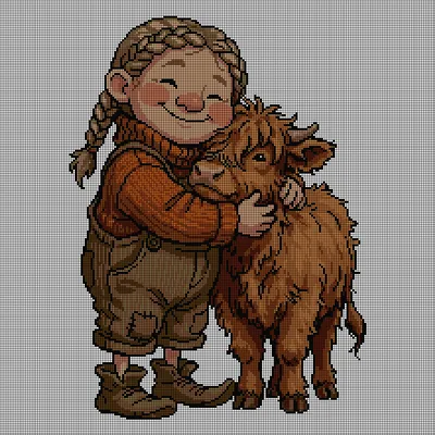 Cross-stitch pattern of a smiling child hugging a shaggy orange Highland cow's head, warm russet and brown tones