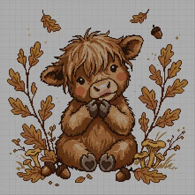Cross-stitch pattern of a shaggy baby Highland cow with rosy cheeks sitting among autumn oak leaves, acorns and chanterelle mushrooms