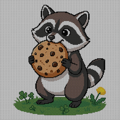 Cross-stitch pattern of a baby raccoon holding a large chocolate chip cookie, standing on grass with clovers and a yellow dandelion