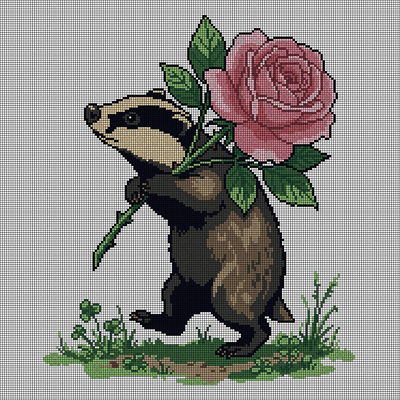 Cross-stitch pattern of a striped badger walking upright through clover and grass, carrying a huge pink blossom with green leaves over its shoulder