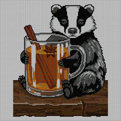 Cross-stitch pattern of a black-and-white badger hugging a glass mug of amber spiced cider with a cinnamon stick and star anise, on a wooden table