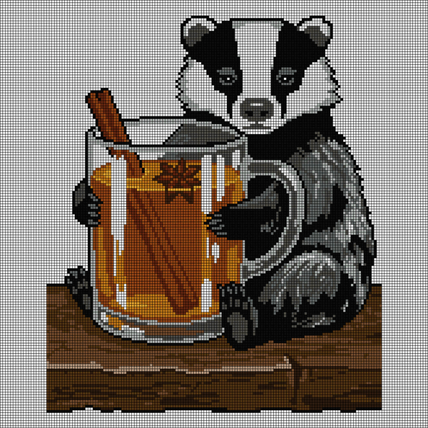 Cross-stitch pattern of a black-and-white badger hugging a glass mug of amber spiced cider with a cinnamon stick and star anise, on a wooden table