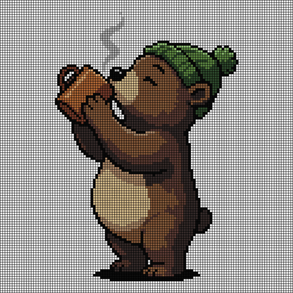Cross-stitch pattern of a brown bear cub in a green pom-pom beanie drinking from a steaming brown mug