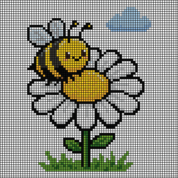 Pixel-art smiling cartoon bumblebee on a white daisy with a blue sky and cloud background, cross-stitch pattern preview