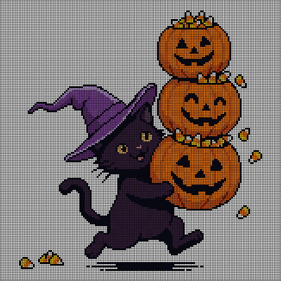 Cross-stitch pattern of a black kitten in a purple witch hat carrying a stack of three smiling jack-o'-lanterns spilling candy corn