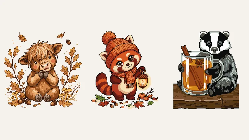 Three autumn cross-stitch patterns in a row: a baby Highland cow among oak leaves, a red panda holding an acorn lantern, and a badger hugging a mug of spiced cider