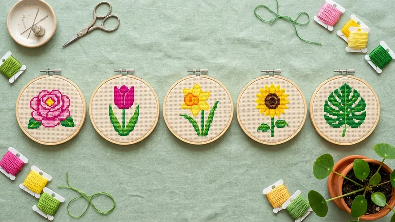 A grid of pixel-art cross-stitch flower and houseplant pattern previews