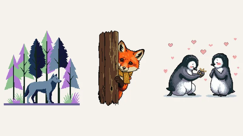 Three large cross-stitch patterns side by side: a gray wolf among pastel pine trees, a red fox peeking around a wooden door, and two penguins exchanging a gift under pink hearts
