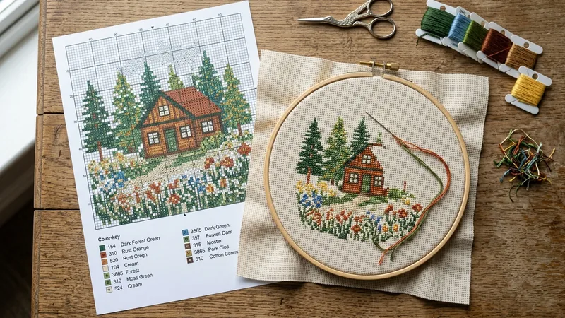A printed cross-stitch pattern chart with a color key next to a partially-stitched piece in an embroidery hoop
