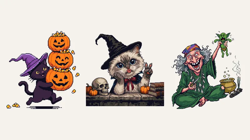Three witchy Halloween cross-stitch patterns: a black kitten carrying jack-o'-lanterns, a fluffy kitten in a witch hat beside a skull, and an old witch holding a goblin over her cauldron