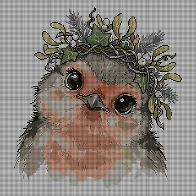 Cross-stitch pattern of a close-up robin's face framed by a crown of holly, mistletoe, and Celtic-knot leaf patterns