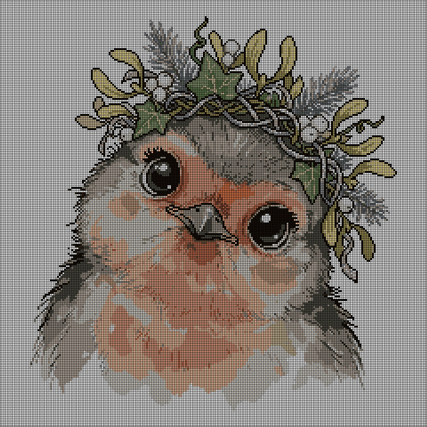 Cross-stitch pattern of a close-up robin's face framed by a crown of holly, mistletoe, and Celtic-knot leaf patterns