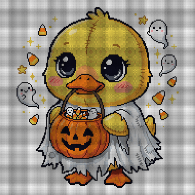 Cross-stitch pattern of a yellow duckling wearing a white ghost costume and carrying a jack-o'-lantern candy pail, surrounded by mini ghosts and candy corn