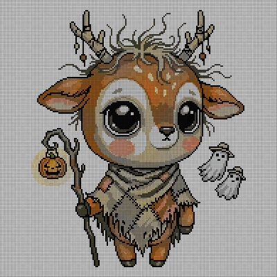 Cross-stitch pattern of a fawn wearing a hooded cloak and holding a carved staff with a jack-o'-lantern charm, small ghosts floating nearby
