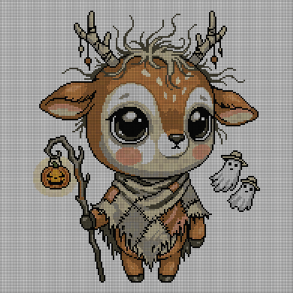Cross-stitch pattern of a fawn wearing a hooded cloak and holding a carved staff with a jack-o'-lantern charm, small ghosts floating nearby