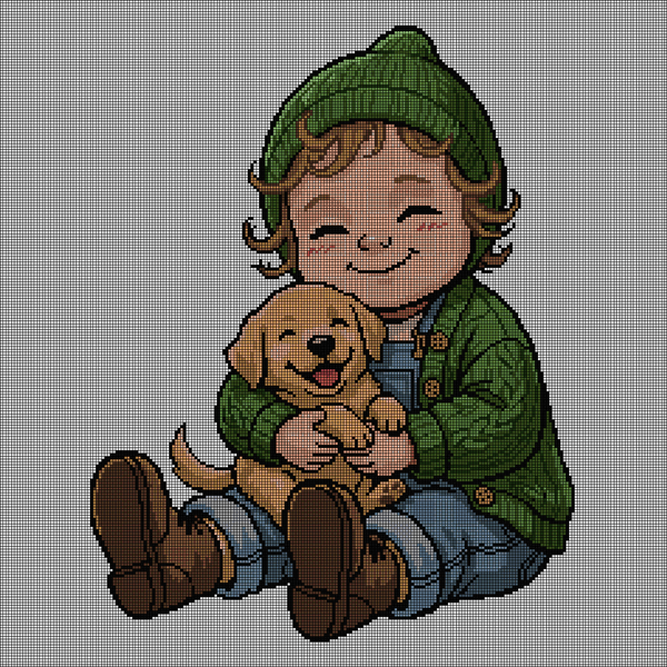 Cross-stitch pattern of a smiling child in a green beanie and jacket hugging a golden puppy, both with closed-eye smiles