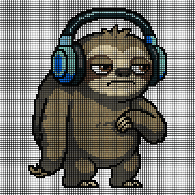 Pixel-art sloth wearing blue gaming headphones with a skeptical side-eye expression, cross-stitch pattern preview