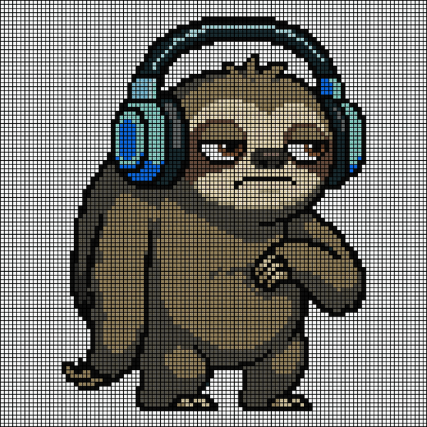 Pixel-art sloth wearing blue gaming headphones with a skeptical side-eye expression, cross-stitch pattern preview