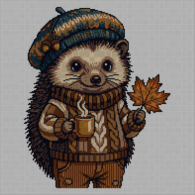 Cross-stitch pattern of a hedgehog wearing a teal knit beanie and brown sweater, holding a steaming mug and an orange maple leaf