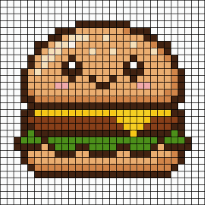 Pixel-art smiling cheeseburger with blushing cheeks and visible cheese and lettuce layers, cross-stitch pattern preview