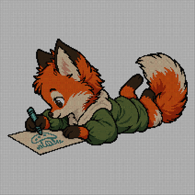 Cross-stitch pattern of a red fox in a green sweater lying on its stomach drawing with a teal crayon on a sheet of paper