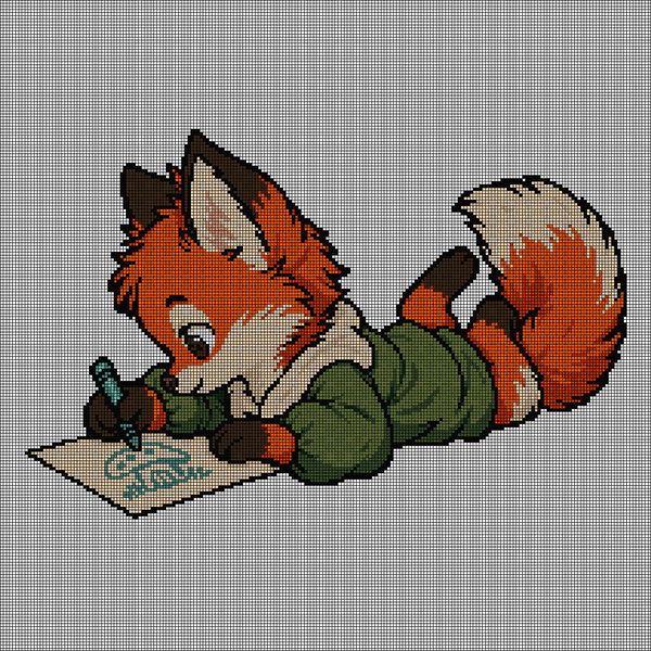 Cross-stitch pattern of a red fox in a green sweater lying on its stomach drawing with a teal crayon on a sheet of paper