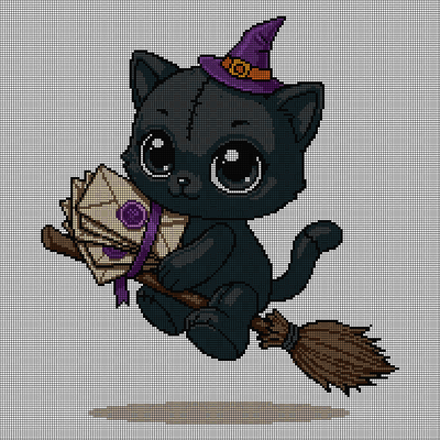 Cross-stitch pattern of a black kitten wearing a purple witch hat, flying on a broomstick while carrying an open spellbook