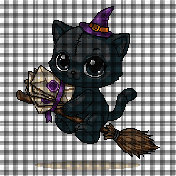 Cross-stitch pattern of a black kitten wearing a purple witch hat, flying on a broomstick while carrying an open spellbook