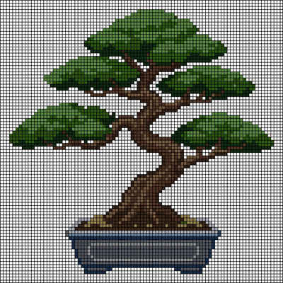 Pixel-art bonsai tree with winding brown trunk and layered green canopy in a blue-gray pot, cross-stitch pattern preview