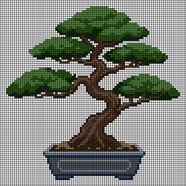 Pixel-art bonsai tree with winding brown trunk and layered green canopy in a blue-gray pot, cross-stitch pattern preview
