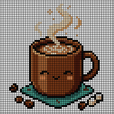 Pixel-art brown coffee mug with steam, coffee beans, and sugar cubes on a teal saucer, cross-stitch pattern preview