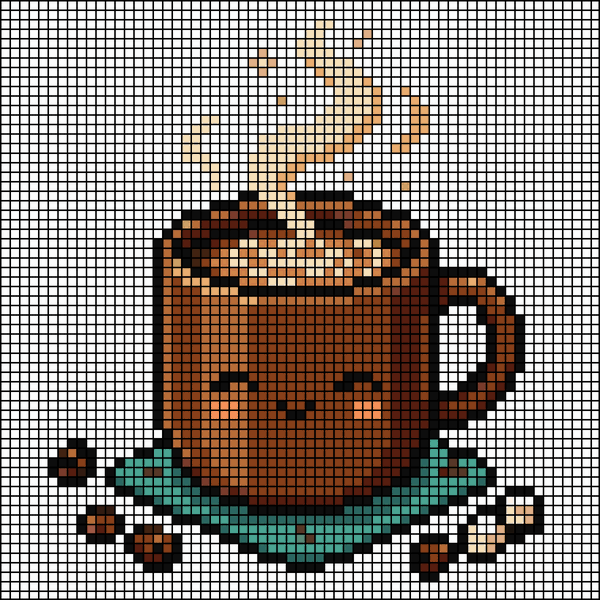 Pixel-art brown coffee mug with steam, coffee beans, and sugar cubes on a teal saucer, cross-stitch pattern preview