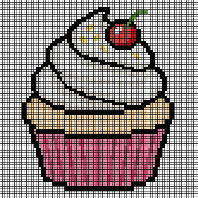 Pixel-art cherry cupcake with white swirled frosting and a pink striped wrapper, cross-stitch pattern preview