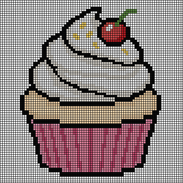 Pixel-art cherry cupcake with white swirled frosting and a pink striped wrapper, cross-stitch pattern preview