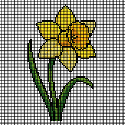 Pixel-art yellow daffodil with orange trumpet center and two green stems, cross-stitch pattern preview