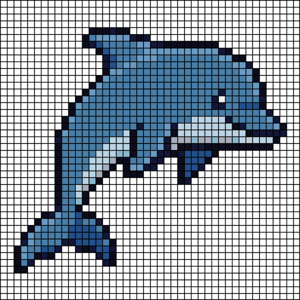 Pixel-art dolphin mid-leap in two-tone blue, cross-stitch pattern preview