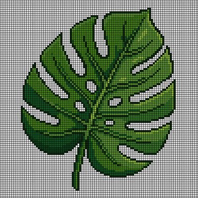 Pixel-art monstera leaf in layered greens with signature split cutouts, cross-stitch pattern preview