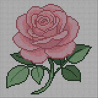 Pixel-art pink rose in full bloom with layered petals and green leaves, cross-stitch pattern preview