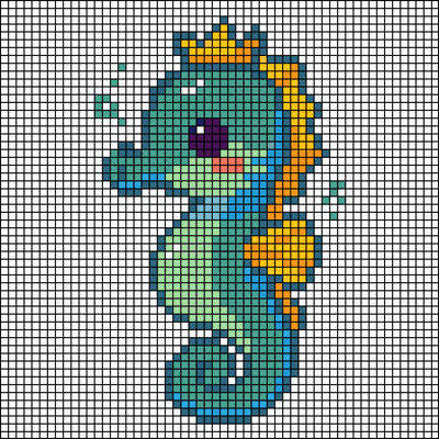 Pixel-art teal seahorse wearing a golden crown with a curled tail, cross-stitch pattern preview