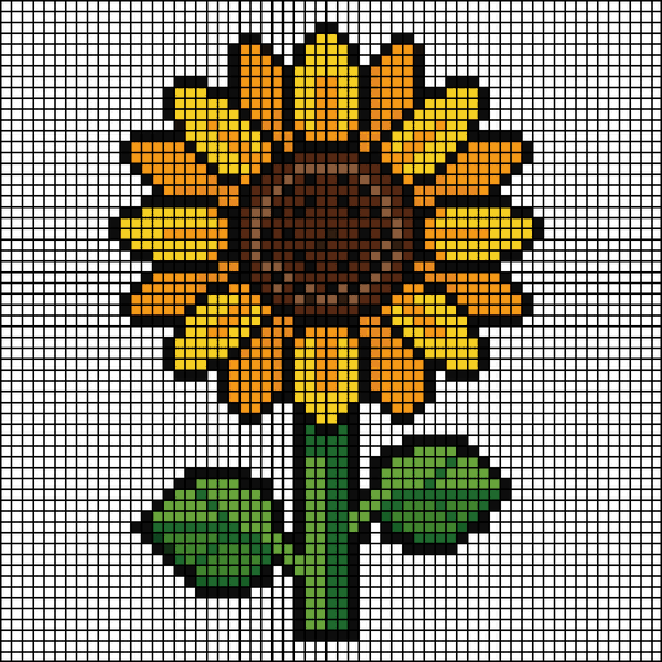 Pixel-art sunflower with layered yellow and orange petals and a speckled brown center, cross-stitch pattern preview