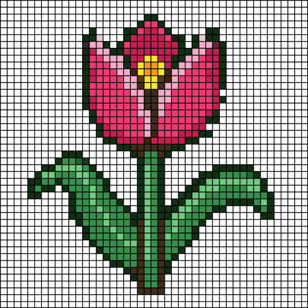 Pixel-art magenta tulip bloom with yellow center and two curved green leaves, cross-stitch pattern preview