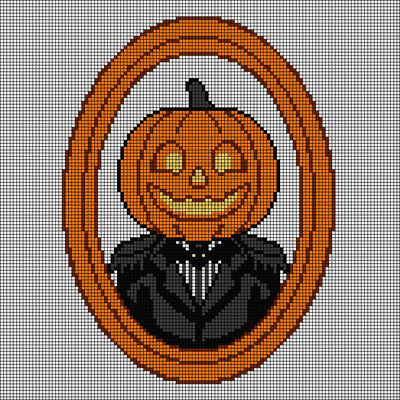 Cross-stitch pattern of a pumpkin-headed gentleman with a glowing jack-o'-lantern face and black suit, inside an orange oval portrait frame