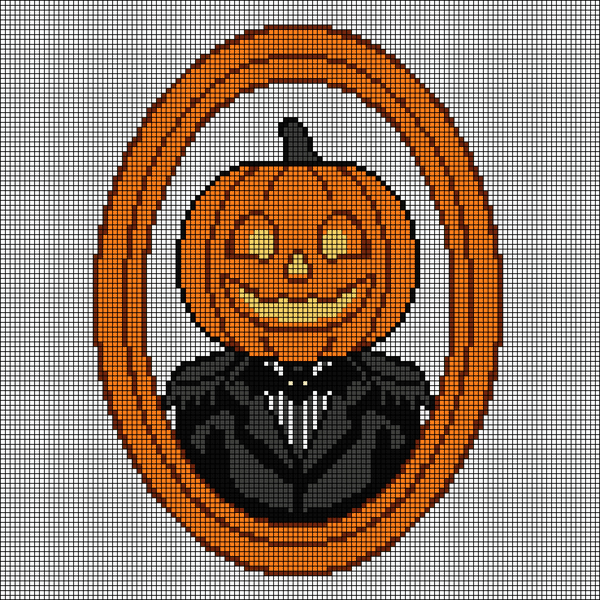 Cross-stitch pattern of a pumpkin-headed gentleman with a glowing jack-o'-lantern face and black suit, inside an orange oval portrait frame
