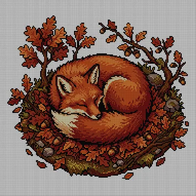 Cross-stitch pattern of a red fox curled asleep in a circular wreath of autumn oak leaves and acorns