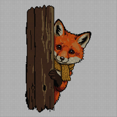 Cross-stitch pattern of a red fox wearing a mustard-yellow knit scarf peeking around the edge of a weathered brown wooden door