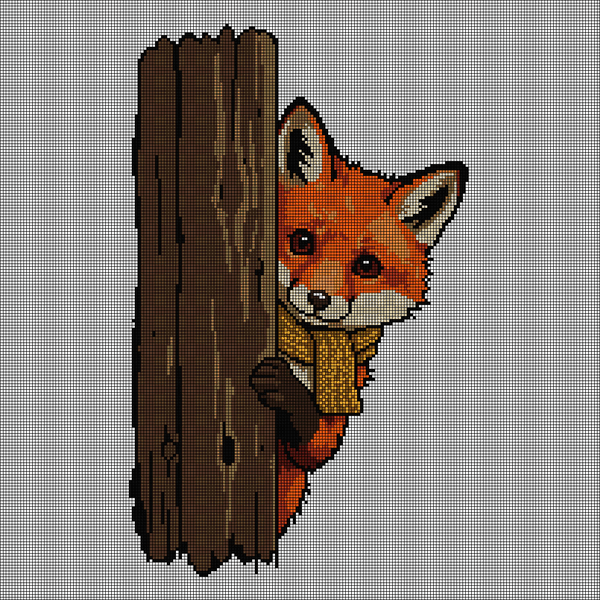 Cross-stitch pattern of a red fox wearing a mustard-yellow knit scarf peeking around the edge of a weathered brown wooden door