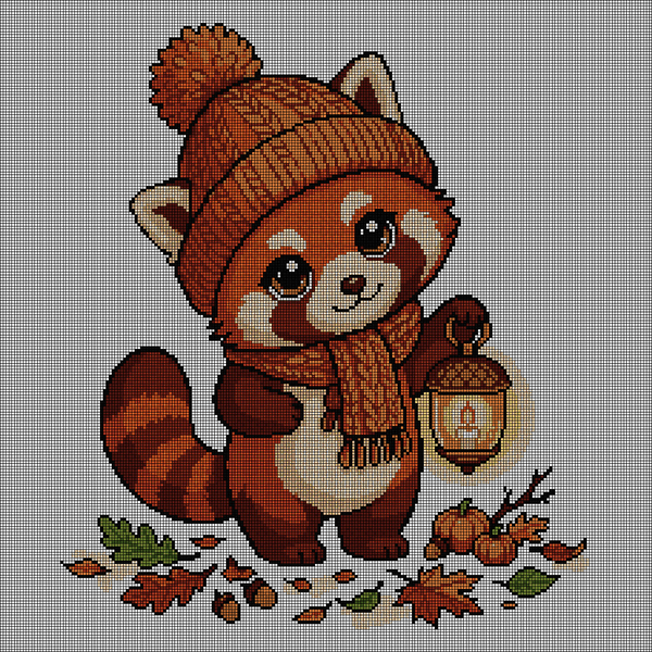Cross-stitch pattern of a red panda in an orange pom-pom beanie and scarf holding a glowing acorn lantern, standing on autumn leaves with small pumpkins