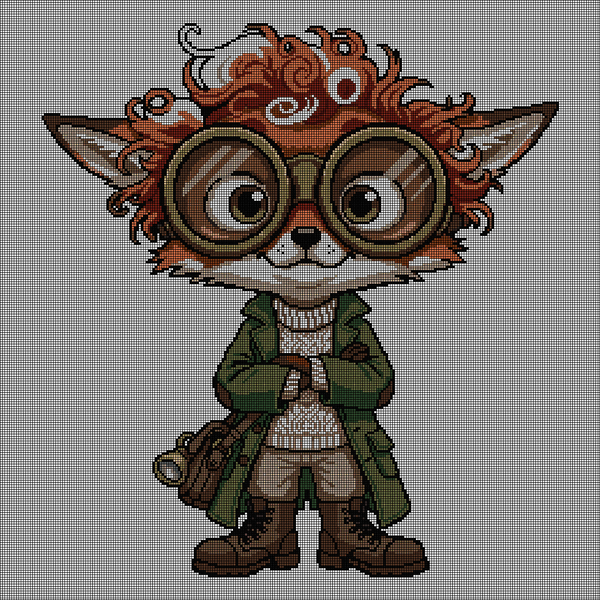 Cross-stitch pattern of a fox wearing round steampunk goggles and a green traveler's coat, with an ornate Celtic-knot patterned mane