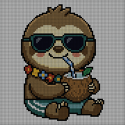 Pixel-art sloth wearing sunglasses and a flower lei, drinking from a coconut cup with a straw, cross-stitch pattern preview