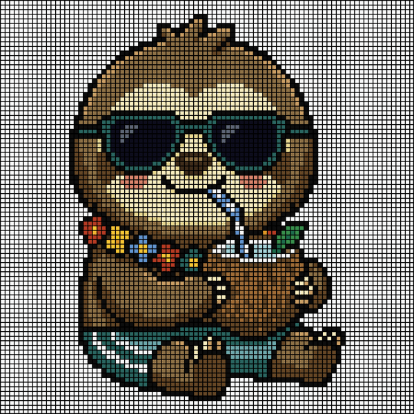 Pixel-art sloth wearing sunglasses and a flower lei, drinking from a coconut cup with a straw, cross-stitch pattern preview